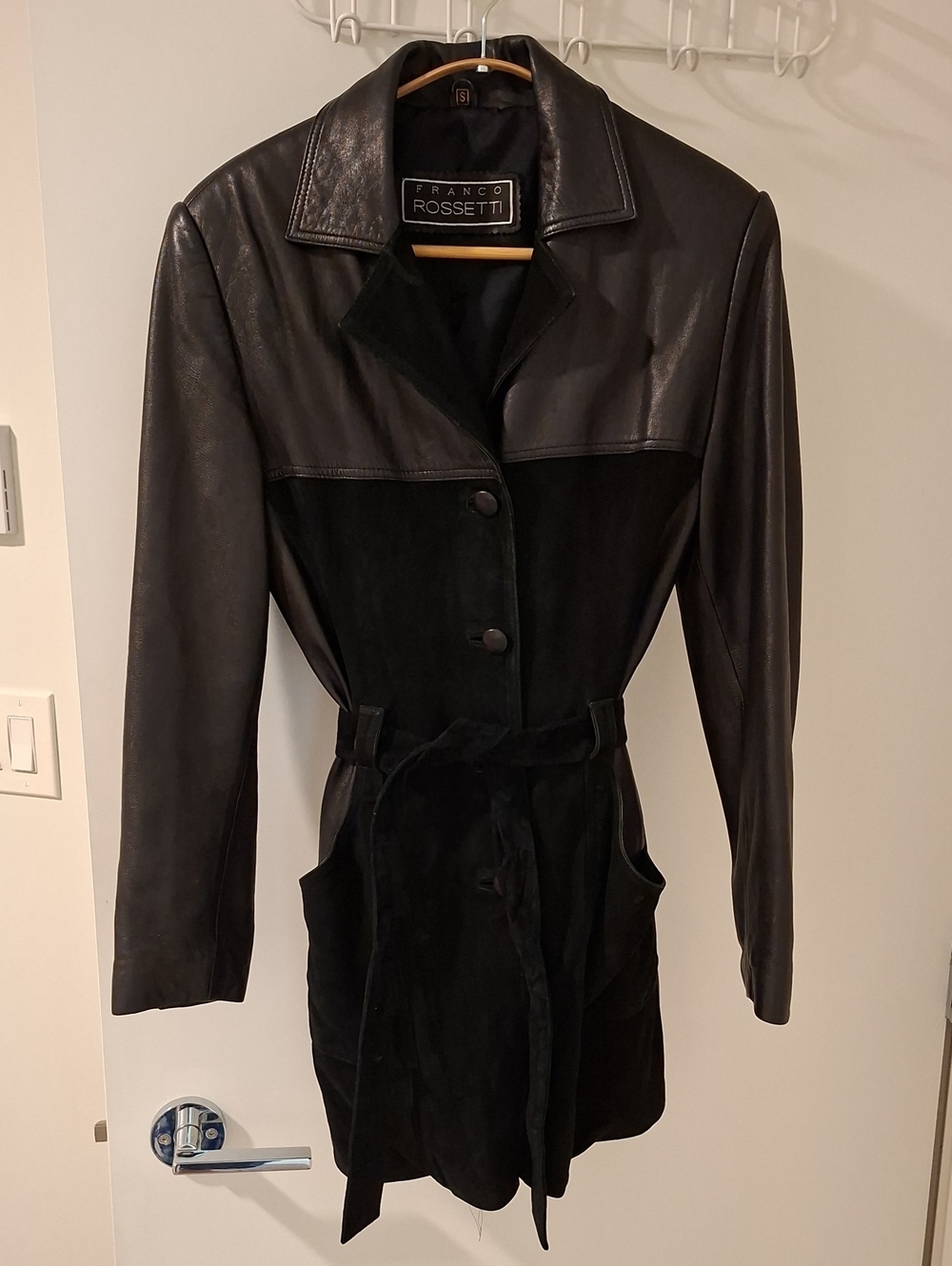 Vintage 90's Franco Rossetti Black Leather & Suede Hip-length Belted Trench (S)